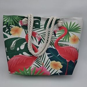 Tropical Flamingo Tote - White, Pink & Green Rope Handles